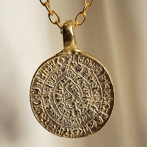 Discus of Phaistos, pendant gilded with chain, amulet, Greek disc