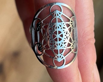 Symbol Ring "Metatron" Esoterik Spiritualität Religion aus Edelstahl - verstellbar Unisexgröße – in Geschenkbox