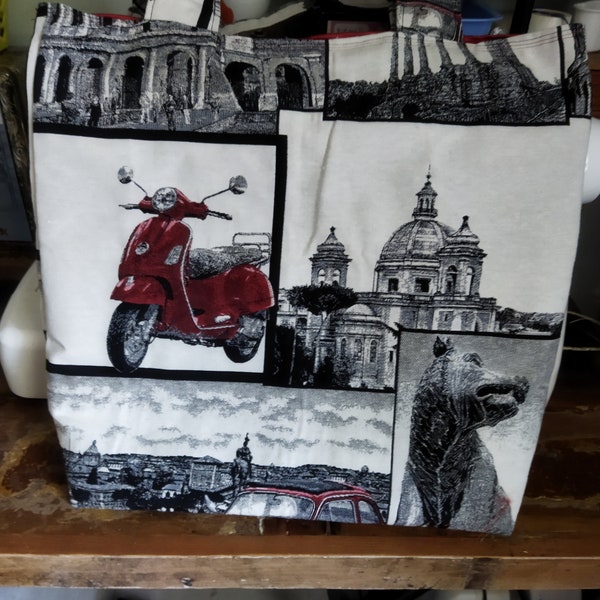 Grand sac cabas moderne qui vous fait voyager en Italie de type tote-bag en patchwork modèle unique