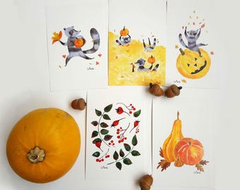 Autumn racoons • 5 postcards collection • greeting cards • holiday cards • unique postcards