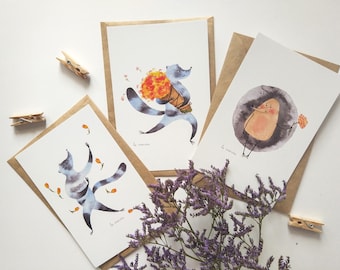 Set of 3 Postcards • Watercolour Postcards • Illustrated Cards • Greeting Cards • Cards for Mother's day