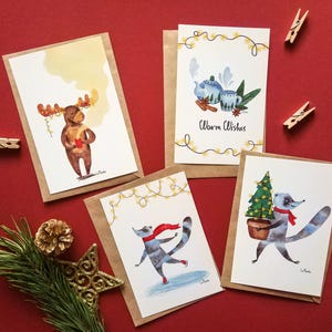 Set di 4 cartoline invernali e buste kraft • cartoline di Natale illustrate • biglietti di auguri • biglietti di auguri • racoones natalizi