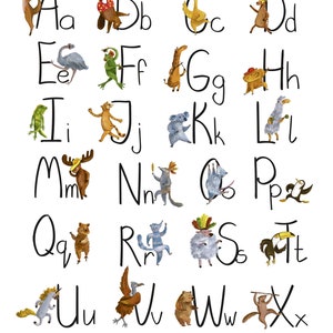 May include: A whimsical alphabet chart featuring dancing animals, each paired with a letter. The watercolor illustrations include a deer, bear, giraffe, and zebra, among others. The text at the top reads "Dancing animals alphabet."