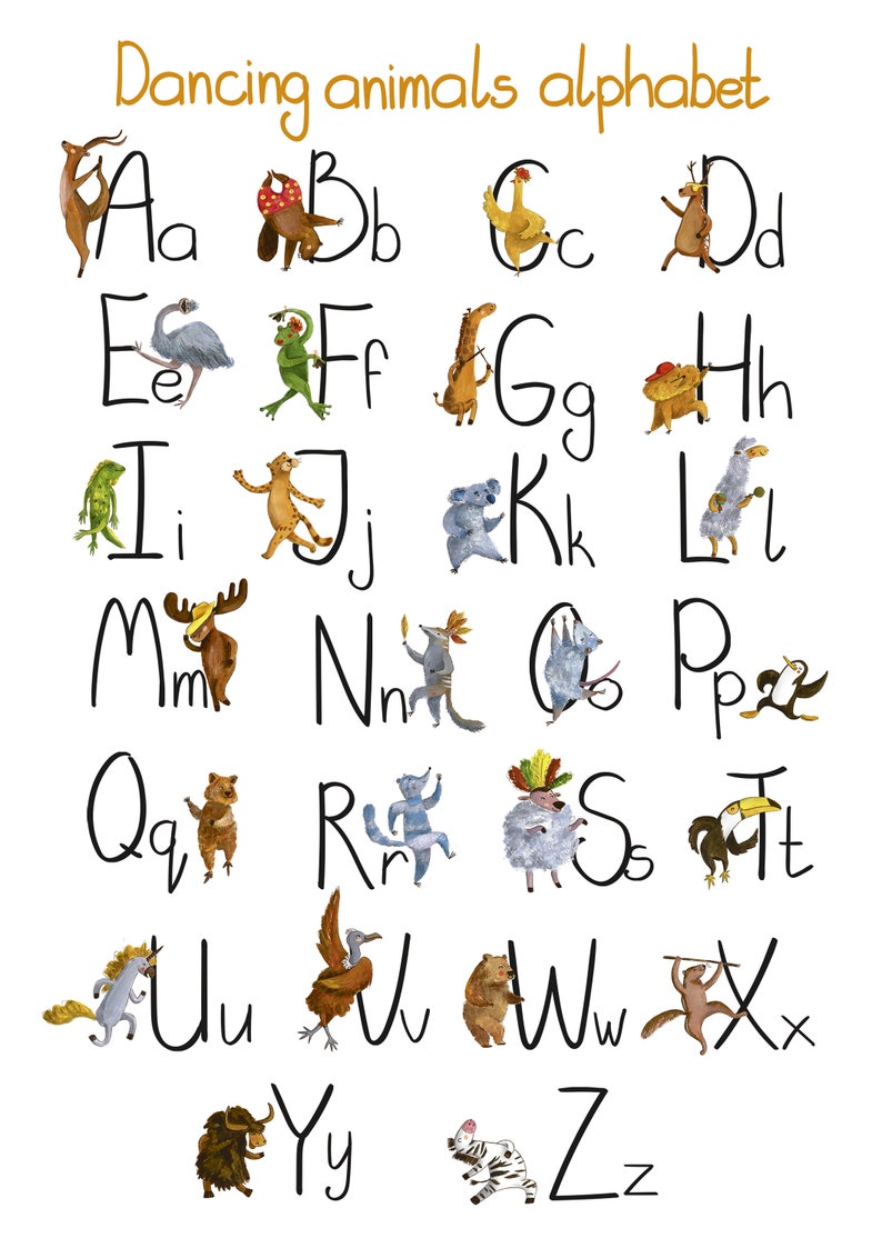 May include: A whimsical alphabet chart featuring dancing animals, each paired with a letter. The watercolor illustrations include a deer, bear, giraffe, and zebra, among others. The text at the top reads "Dancing animals alphabet."