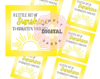 May include: A collection of yellow and white cards with the text "A Little Bit of Sunshine To Brighten Your Day". Each card features a sun graphic. The cards are arranged on a white background. The image also includes a logo that says "Simply Digital Sarah".