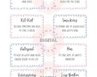 May include: A digital sheet of eight rectangular gift tags with scalloped edges, featuring blue and pink borders. Each tag contains a specific item name and a corresponding motivational phrase, including Gum, Starburst, Kit-Kat, Snickers, Notepad, Pen, Hairspray, and Lip Balm.