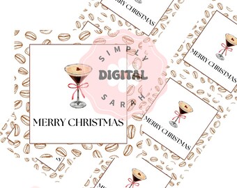 May include: A set of square gift tags featuring a repeating pattern of brown coffee beans. Each tag displays a watercolor illustration of an espresso martini in a glass with a pink ribbon and the black text MERRY CHRISTMAS centered below.
