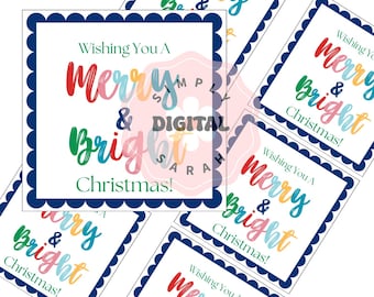 May include: A collection of square gift tags with a dark blue scalloped border. Each tag features the text 'Wishing You A Merry & Bright Christmas!' in a multi-colored gradient font. The design includes a watermark logo with the text 'Simply Digital Sarah'.