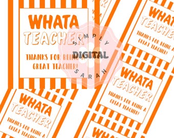 May include: Orange and white rectangular gift tags with the text "WHATA TEACHER" and "THANKS FOR BEING A GREAT TEACHER!". The tags have orange striped borders and are arranged at an angle against a white background.