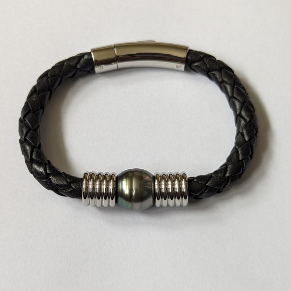 Bracelet cuir de vachette noir et perle de Tahiti