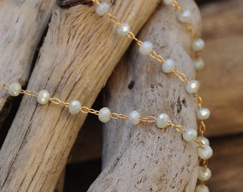 22K Gold Plated 1.8mm Link Chain and 3mm White Glass Beads, 100% French