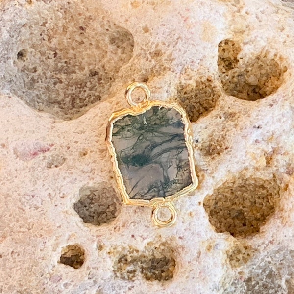 Slice connecteur Agate mousse Africaine ‘AA’ naturelle et Vermeil 11 x 9 mm