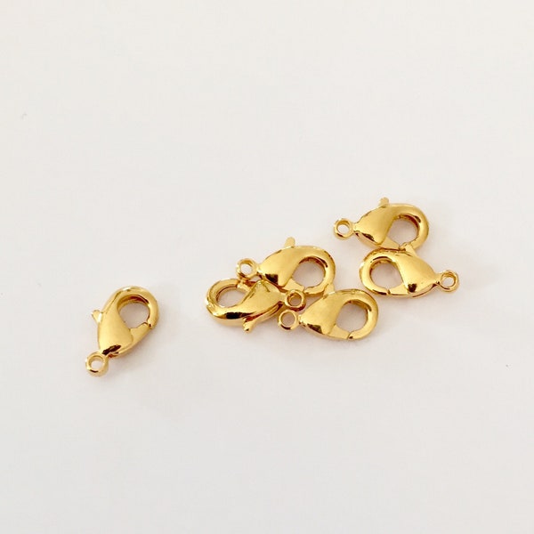 10mm lobster clasp 3 micron gold plated brass base, 10mm gold lobster clasp