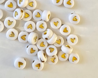 25 Gold Heart Beads 7 x 4 mm, Elastic Bracelet Beads, DIY, White with Gold Heart
