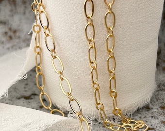 Cadena chapada en oro de 24 quilates, malla ovalada, 3,2 x 6,9 mm, brillante, 50 cm. Pieza de cadena chapada en oro de 24 quilates de alta calidad.