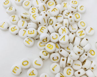 26 Complete Alphabet Beads with gold letters 7 x 4 mm, elastic letter bracelet beads, DIY, gold white alphabet