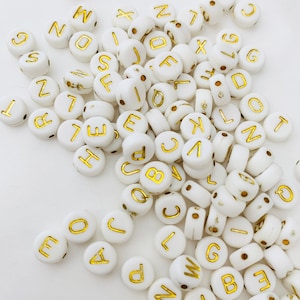 26 Complete Alphabet Beads Gold Letters 7 x 4 mm, Elastic Bracelet Beads Letters, DIY, Golden White Alphabet