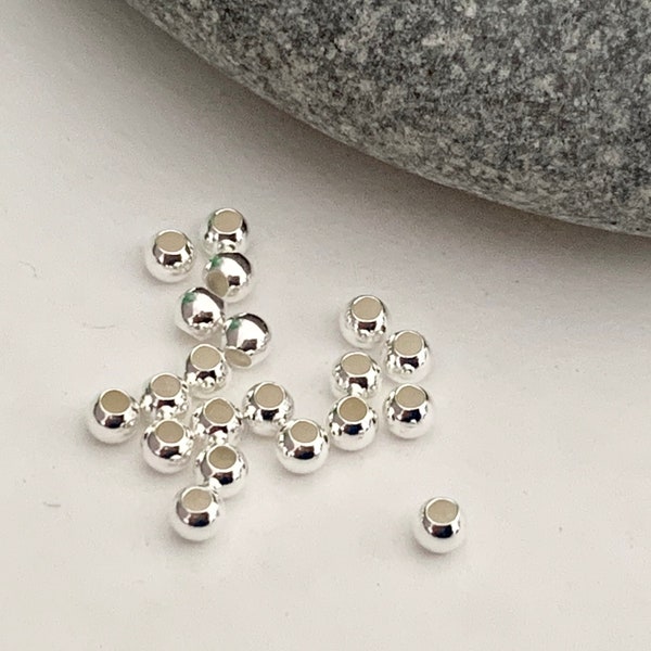 Par lot de 10 Perles lisses 2,5 mm trou 1,2mm argent massif 925/1000