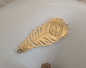 PENDENTIF Plume de Paon PLAQUE OR 40 mm