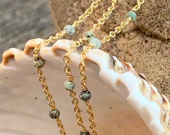 24K Natural faceted African Turquoise chain and beads 2 mm, piece of 20cm gold plated 100% French