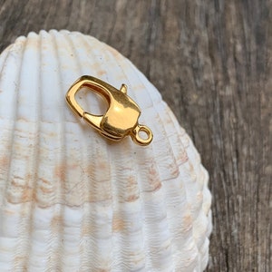 May include: Gold-toned metal clasp with a spring-loaded closure. The clasp is designed for attaching to a chain or cord.