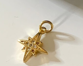 Polar Star Pendant White Zircon and 24K Gold Plated 10mm, compass rose white zircons