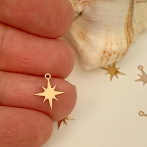 North star, polar star 11 x 10mm gold plated, golden compass rose image 1