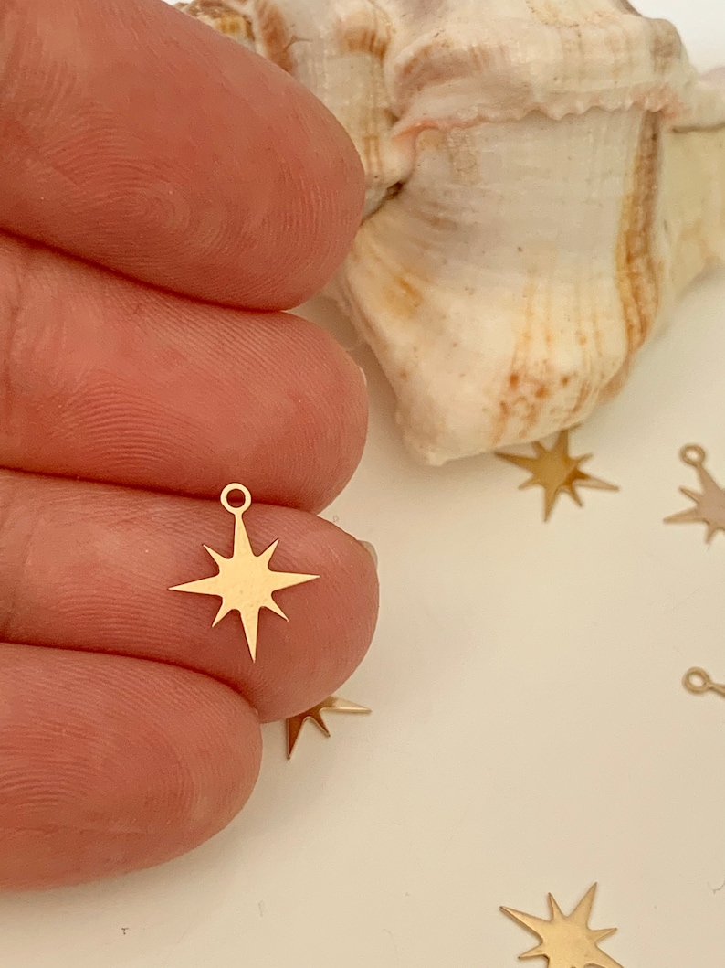 North star, polar star 11 x 10mm gold plated, golden compass rose image 1