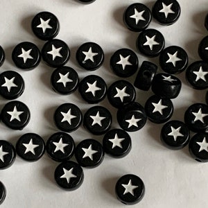 25 White star beads 7 x 4 mm, elastic bracelet beads, DIY, black white star