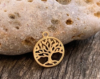 Tree of Life pendant 15 mm in 24K gold plated, golden lucky tree of life medal, symbol of life