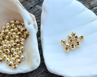 Smooth vermeil beads 2.5 mm, hole 1.2 mm, round gold beads, 925/1000 sterling silver plated with fine gold, small shiny spacer beads