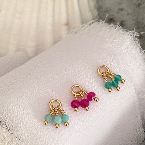 Bell of 3 gold ball beads, Amazonite / natural green onyx gem and ruby zircon