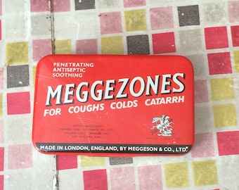 Vintage Hinged Lid Meggezones Antiseptic Throat Lozenges Tin - 1950s