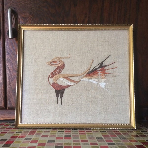 Beautiful Framed and Glazed Vintage Hand Embroidery of a Stylised Bird on Linen