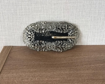 Beautiful Ornate Antique Silver Tone Metal Filigree Single Prong Buckle - 1900s