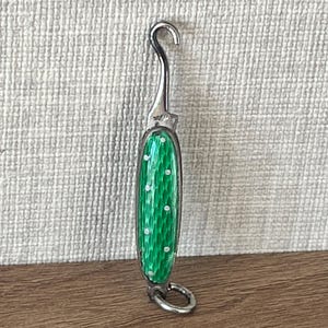 Antique Miniature Guilloche Green with White Polka Dot Enamel Folding Chatelaine Glove Button Hook - 1900s