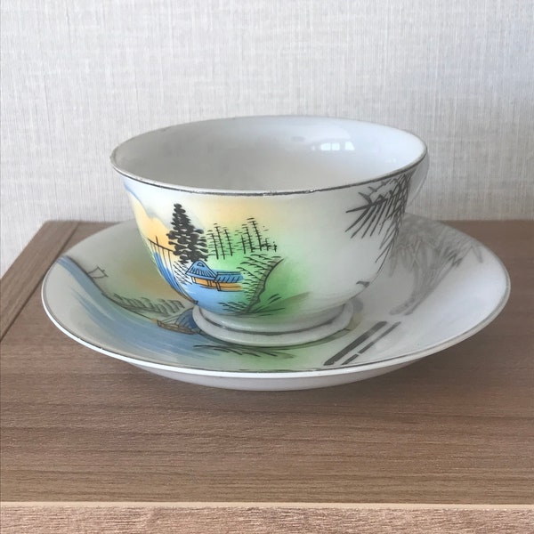Vintage Rare Japanese Saji China Lithophane Cup And Saucer With Geisha Girl In The Bottom Of The Cup - 1930/40s