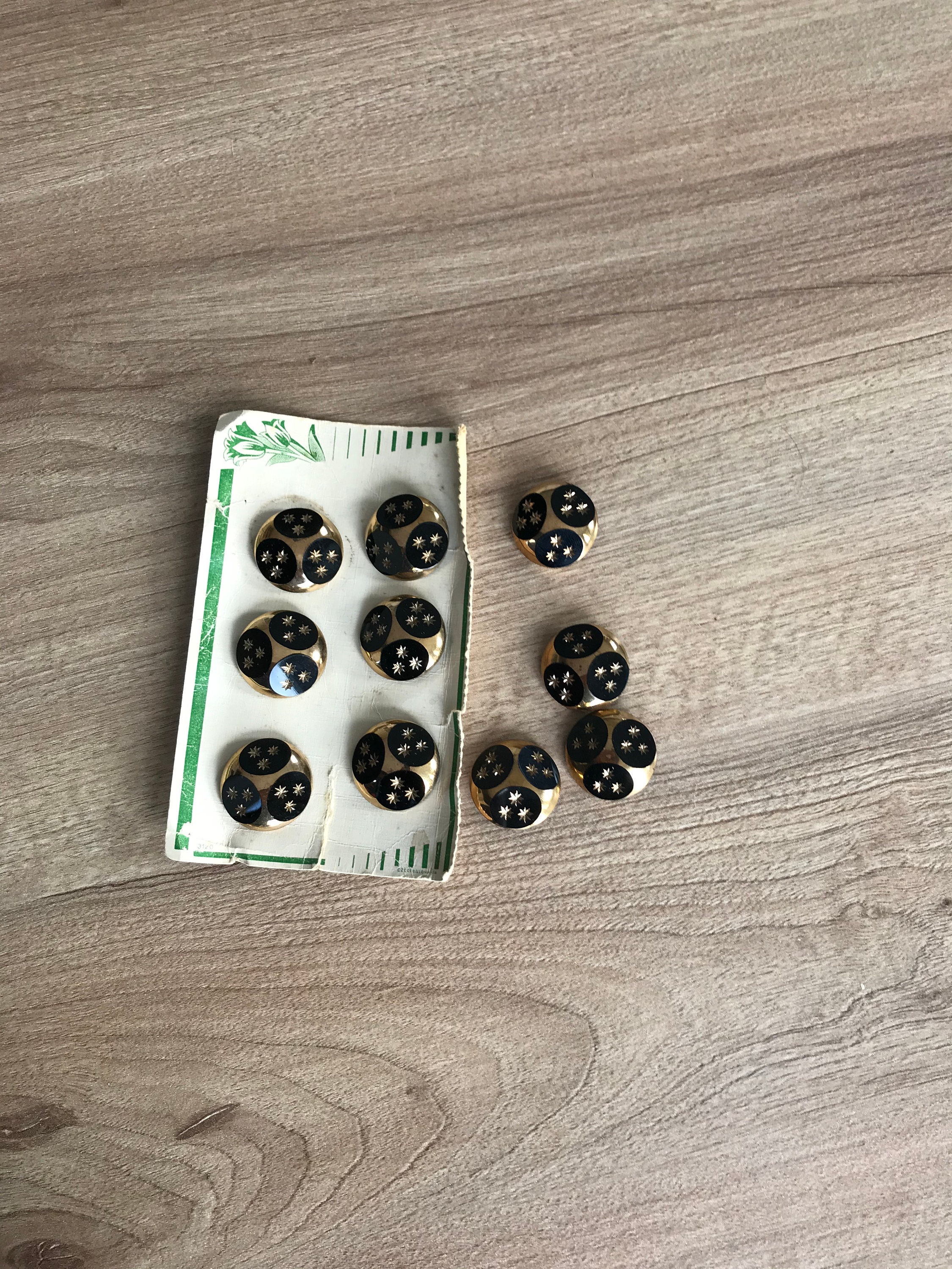 Image of 10 X Beautiful Art Deco Vintage Czech Glass Shank Buttons - Black With Gold Detail 1920/30S