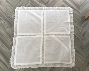 Vintage Paneled White Cotton Tablecloth with Cotton Lace Insert and Cotton Lace Edge