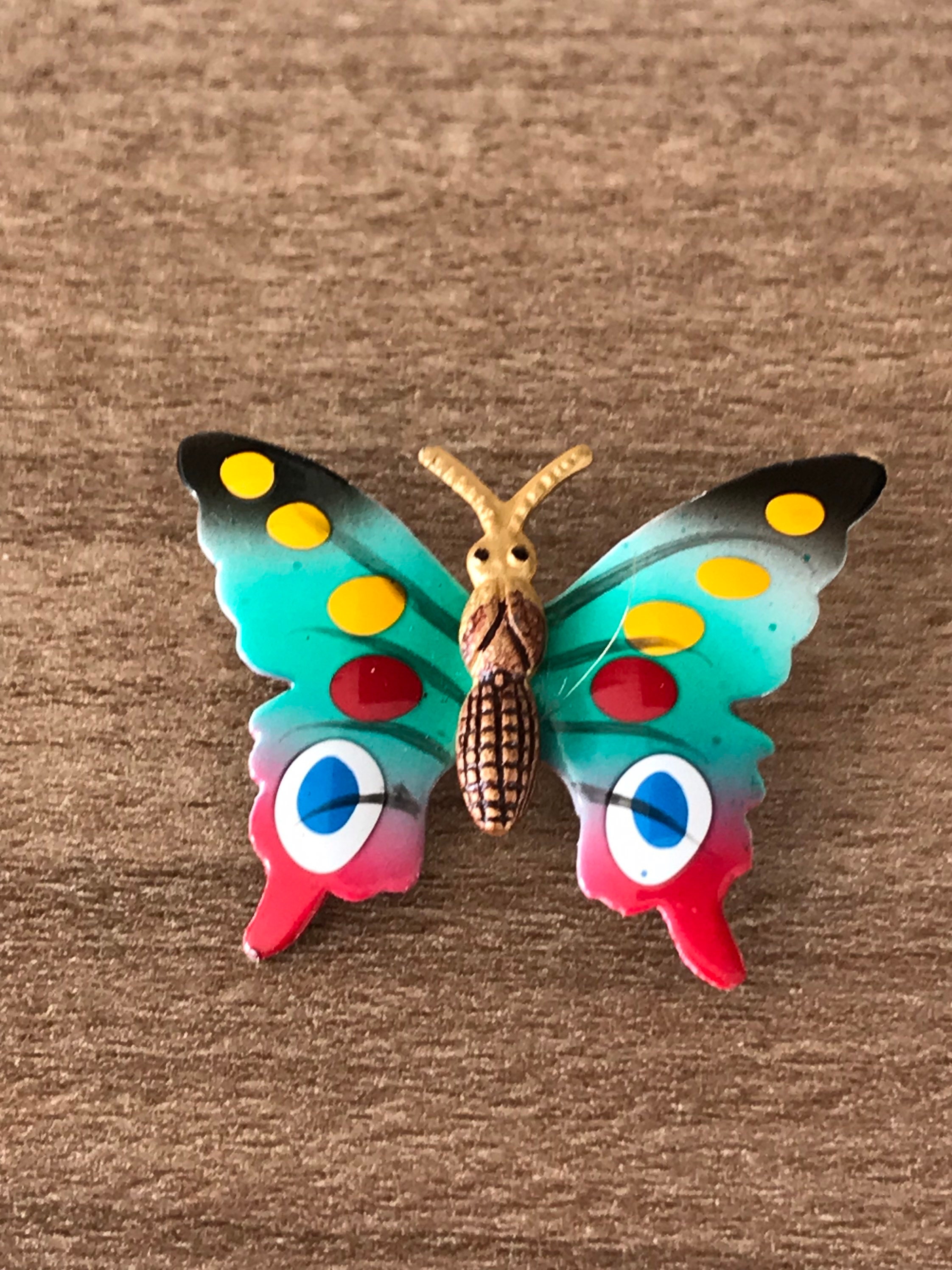 Broche Vintage Papillon Métal Doré Et émail Bleu/vert - Occasion, Bijou Ancien Charmant