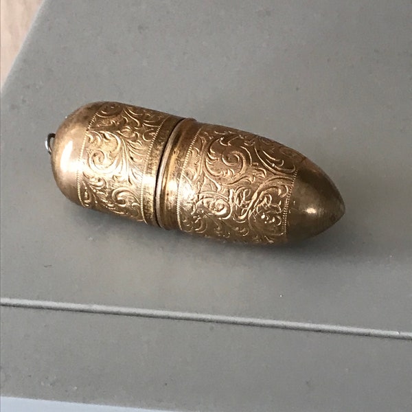 Vintage Chased Brass Bullet Shaped Etui Darning and Mending Needle Case - 1930s