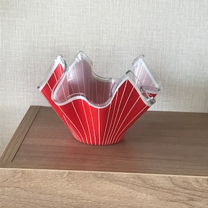 Vintage Chance Brothers Art Glass Red and White Striped Handkerchief Vase - 1960s