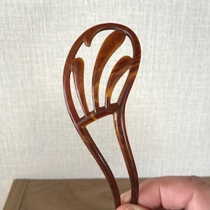 Antique Edwardian Carved Mottled Amber Celluloid Chignon Hair Comb - 1910s