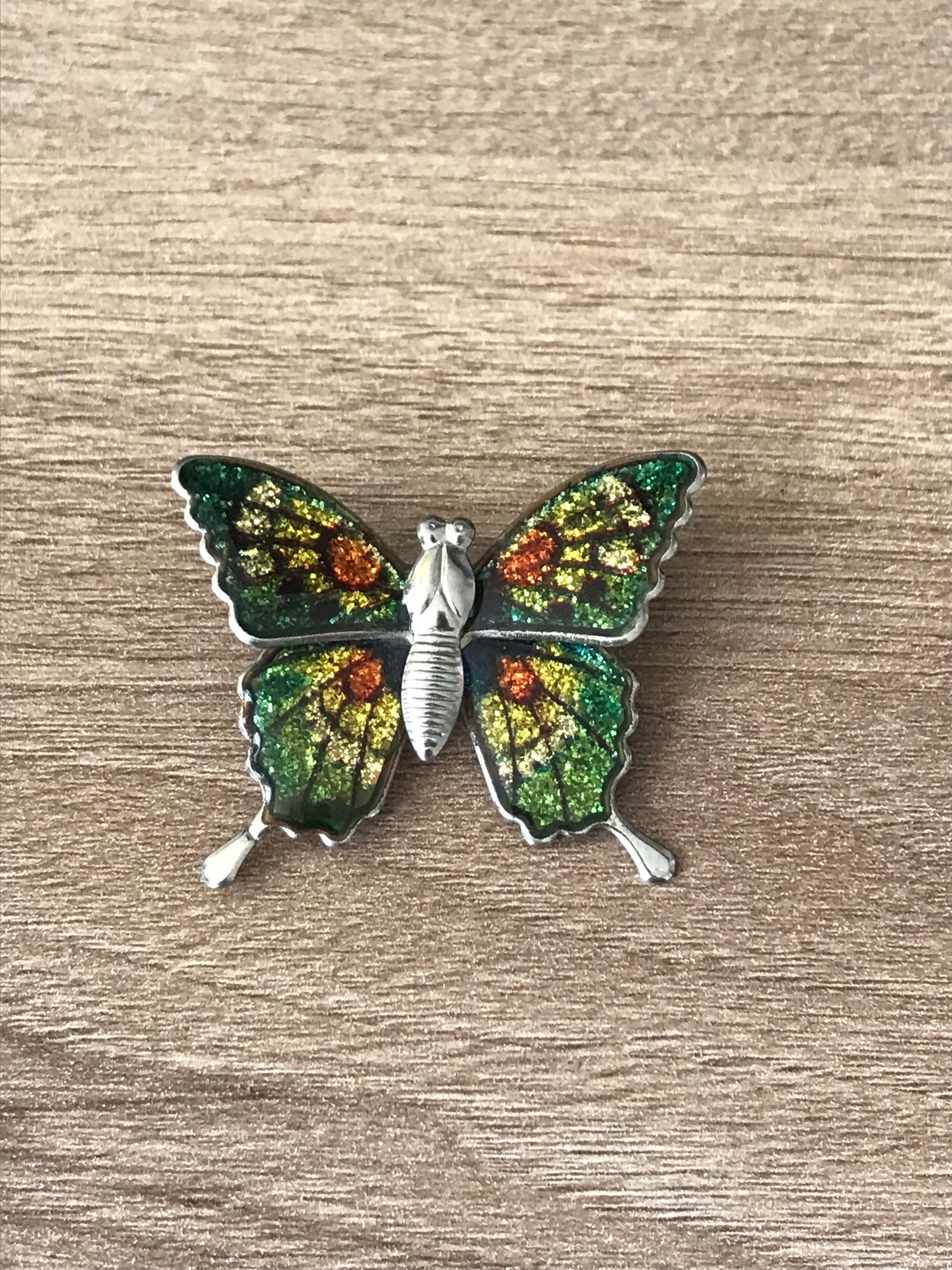 Broche Papillon Vintage Années 80 En Laiton Et Paillettes - Bijou Fantaisie Ancien