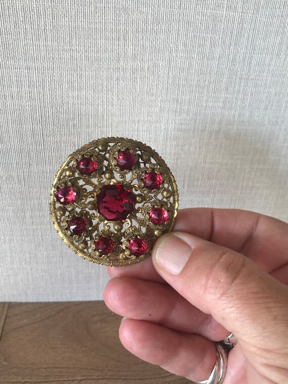 Vintage Czech Brass Filigree Brooch with a Beauti… - image 10