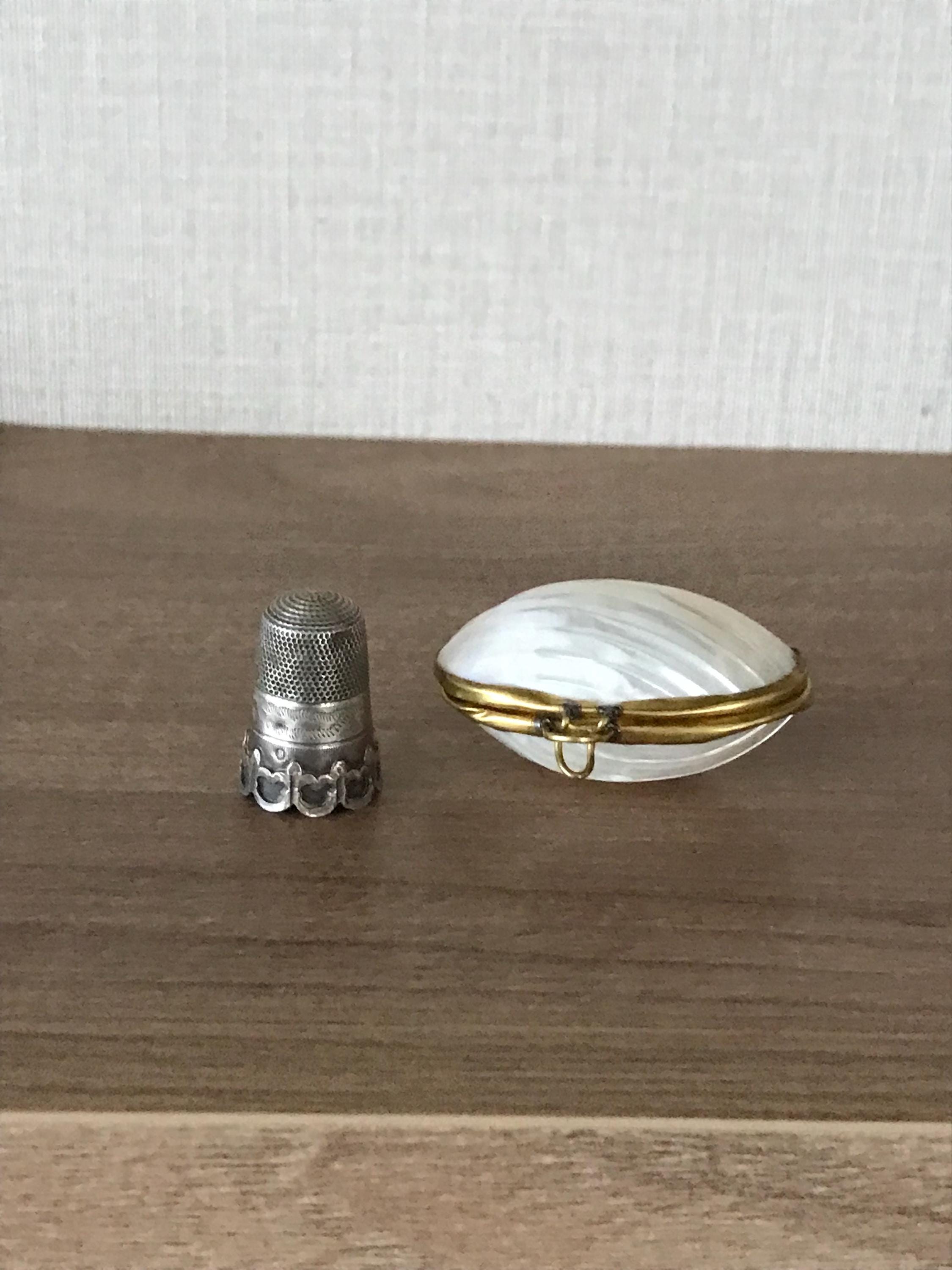 Vintage Brass Bound Mother of Pearl Shell Thimble Holder With an