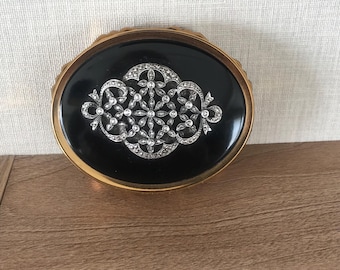 Vintage Wind Up Musical Kigu Compact with a Black Enamel and Marcacite Lid - 1950s