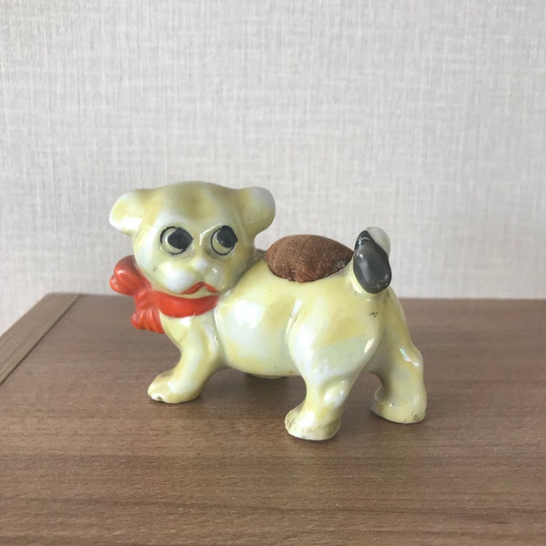 Vintage Ceramic Japanese Lustreware French Bulldog Pin Cushion - 1950s