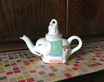 Vintage Porcelain Elephant Teapot with Baby Elephant Lid - 1960s