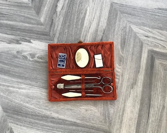 Antique Travelling Sewing Kit/Etui in a Red Velvet Case - 1900s